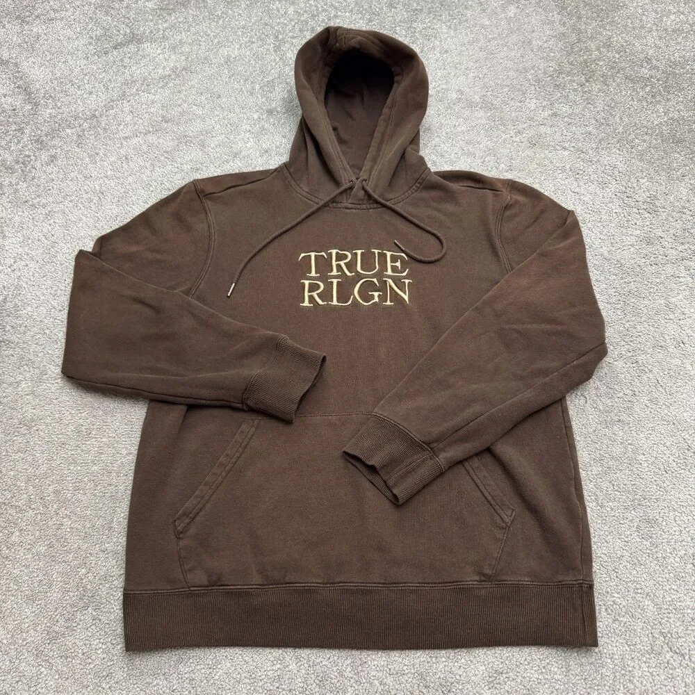 True Religion Hoodie Pullover Sweatshirt Men Small Brown Embroidered Logo Fleece